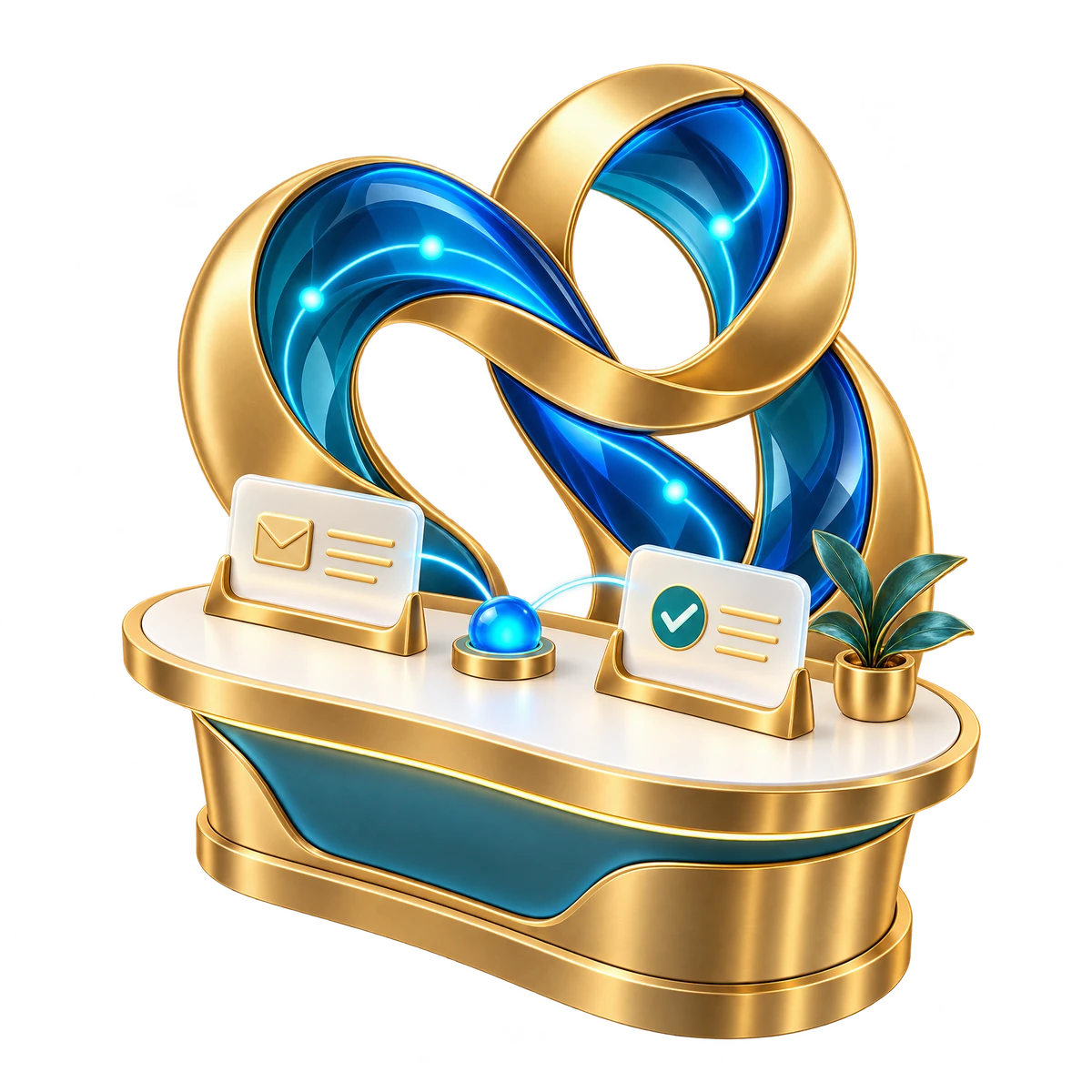 Customer Care agent at its gold-and-blue workstation