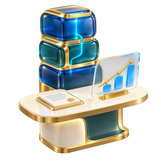 Finance agent at its gold-and-blue workstation