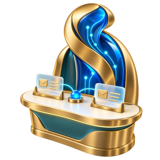 Sales agent at its gold-and-blue workstation