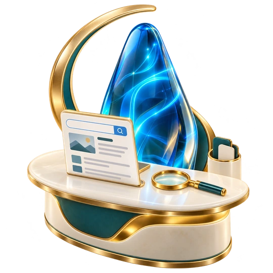 Search & SEO agent at its gold-and-blue workstation